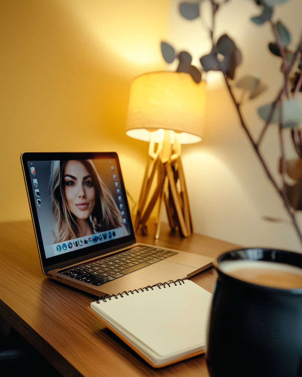 Laptop, notatnik i kubek przygotowane do spotkania online.